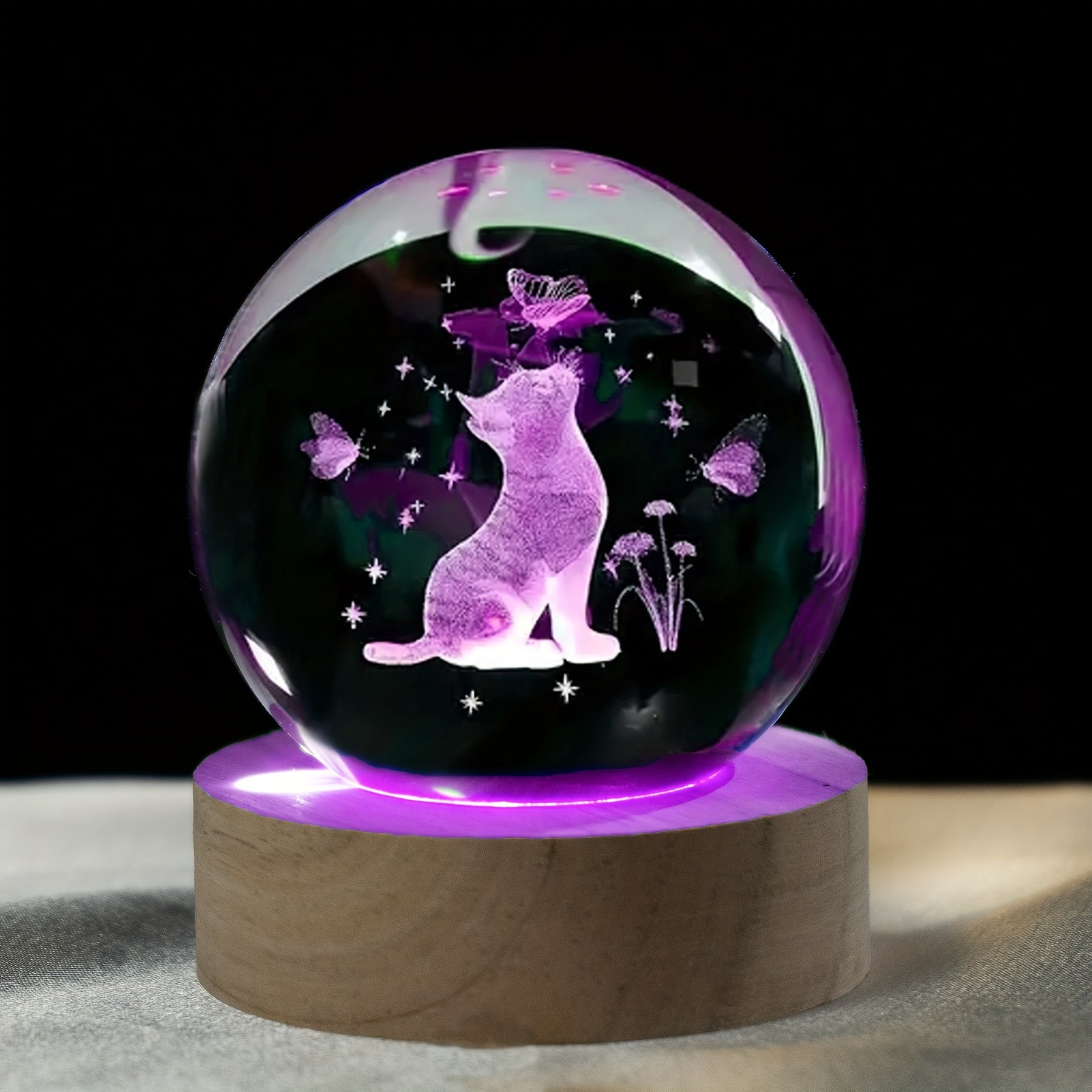 Luminária Cristal de Gato e Borboleta - Bola de Vidro com Luz