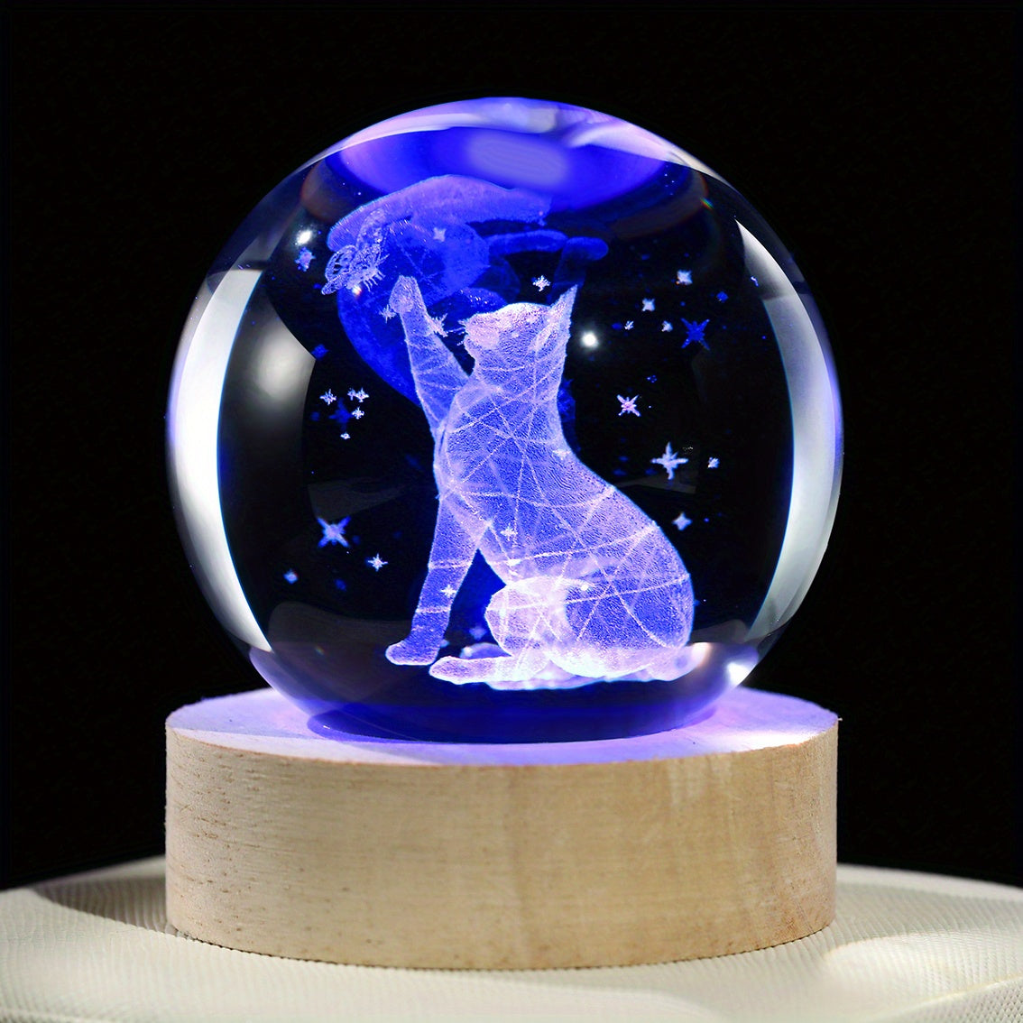 Luminária Cristal de Gato e Borboleta - Bola de Vidro com Luz