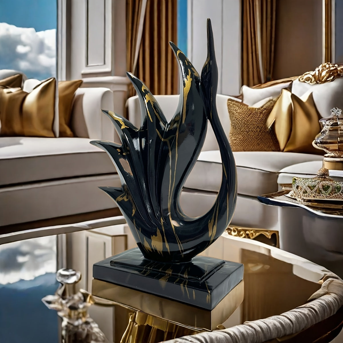 Estátua de Resina Cisne Dançante Elegante Preto e Dourado