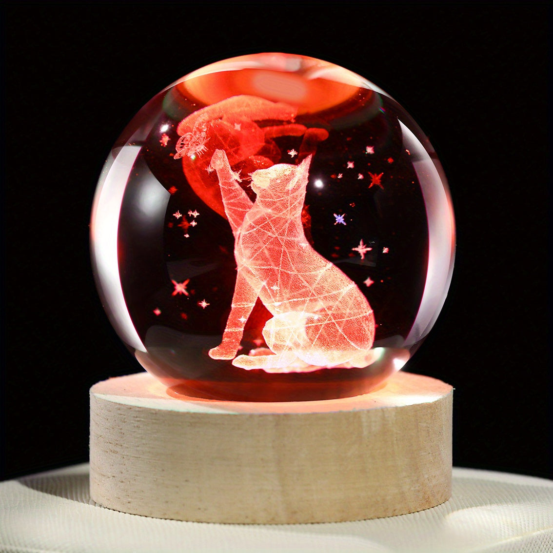 Luminária Cristal de Gato e Borboleta - Bola de Vidro com Luz