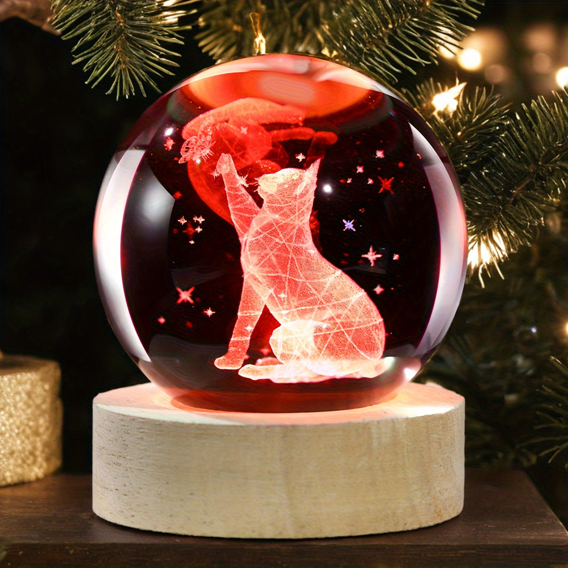 Luminária Cristal de Gato e Borboleta - Bola de Vidro com Luz