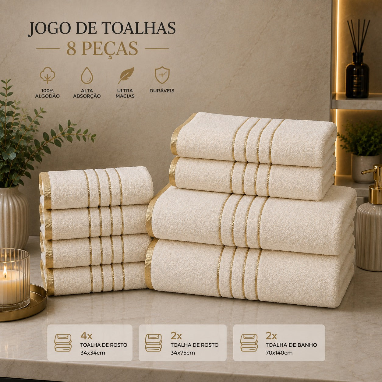 Jogo de Toalhas Premium 8 Peças com Detalhes Dourados – Macias e Absorventes