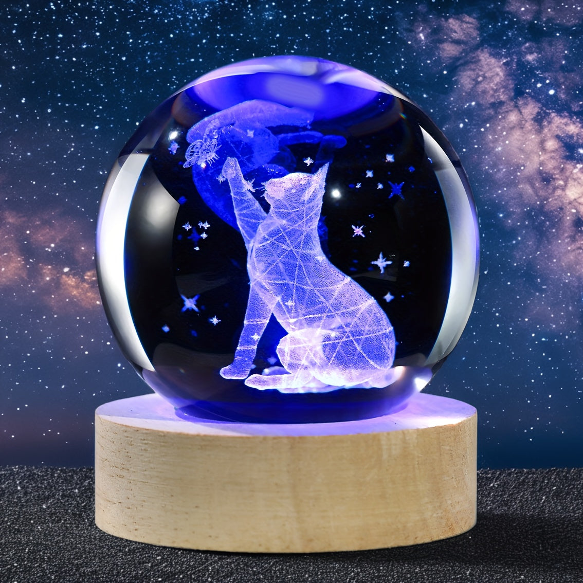 Luminária Cristal de Gato e Borboleta - Bola de Vidro com Luz