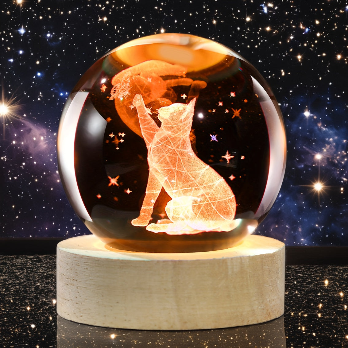 Luminária Cristal de Gato e Borboleta - Bola de Vidro com Luz