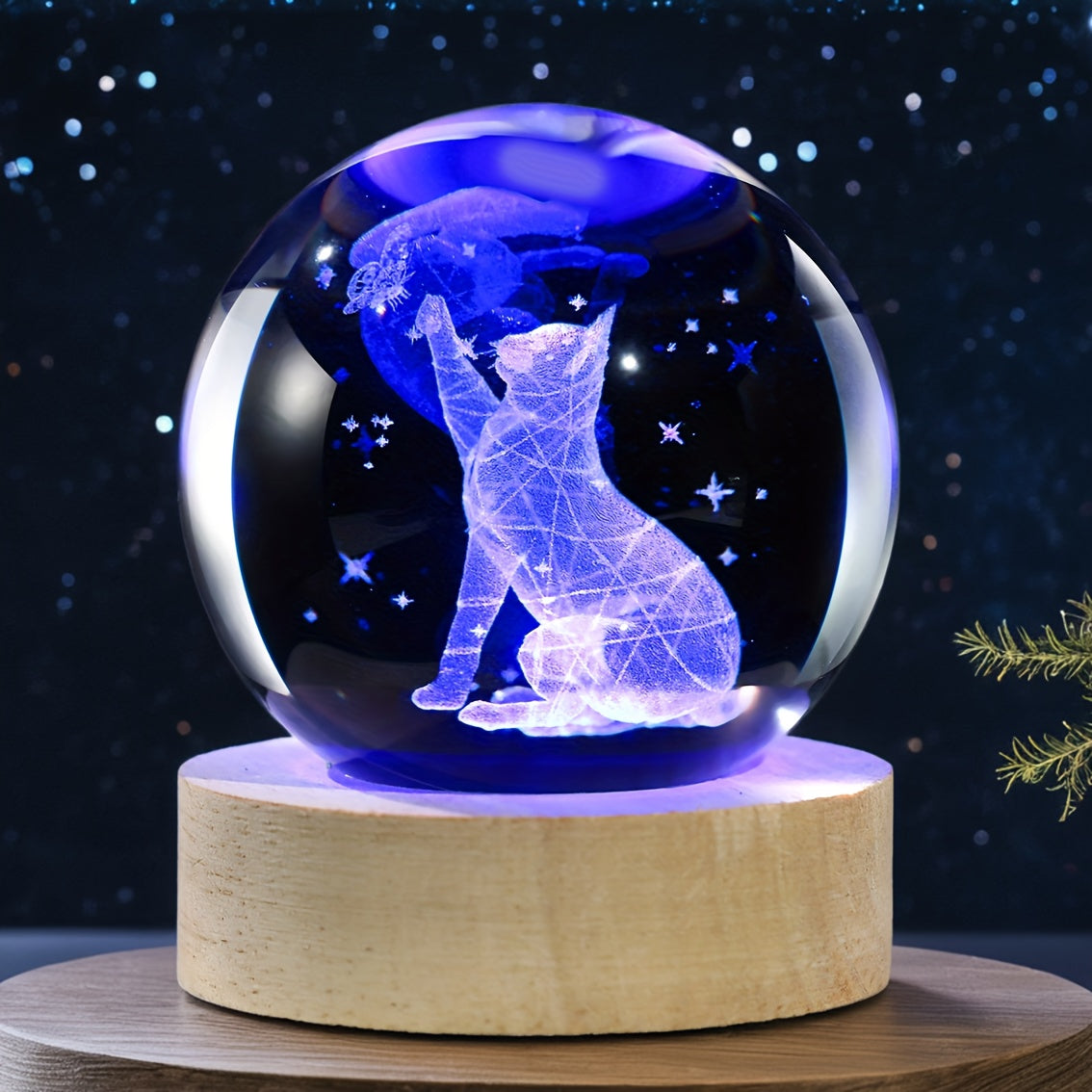 Luminária Cristal de Gato e Borboleta - Bola de Vidro com Luz