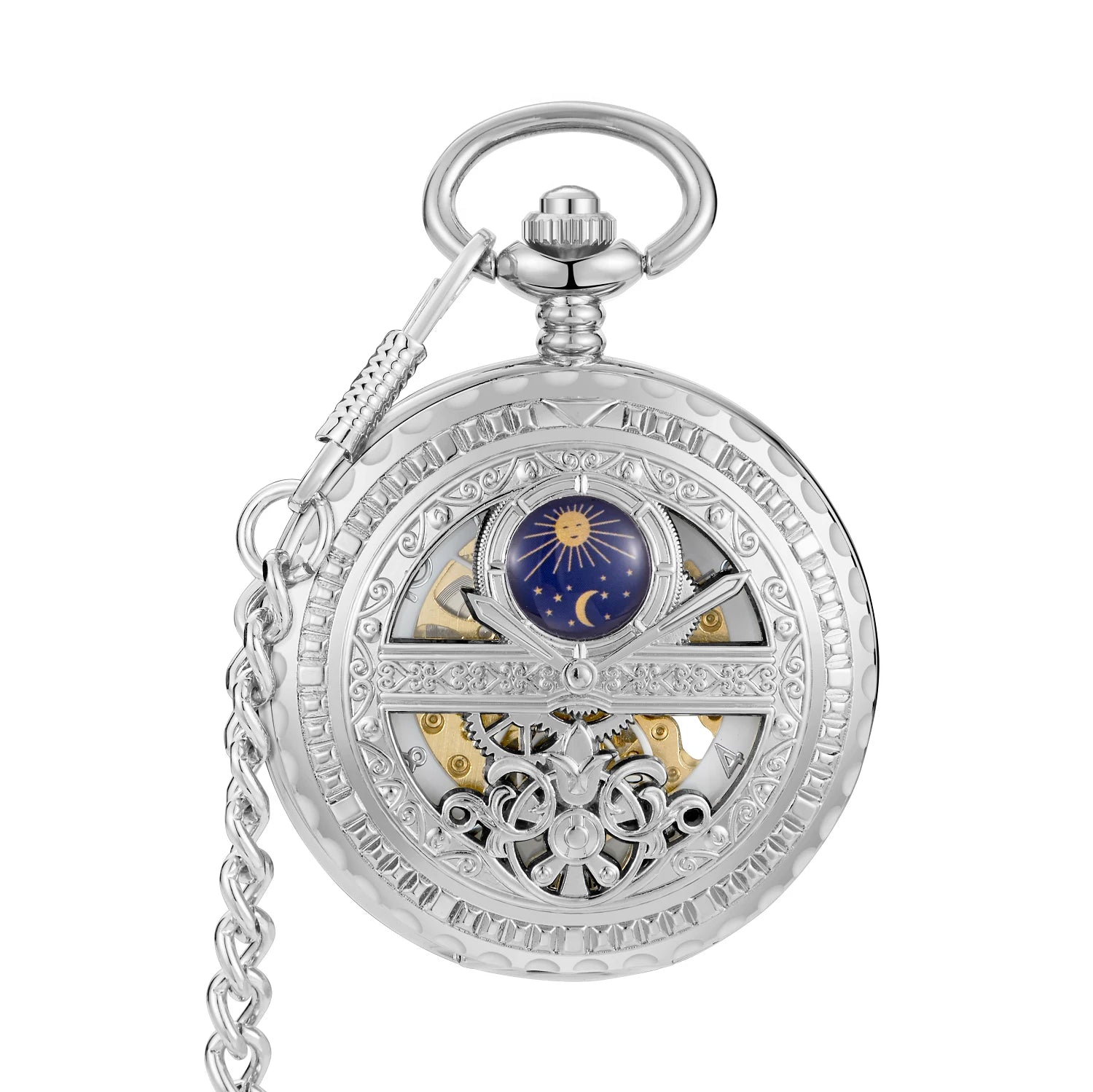 Relógio de bolso mecânico com corrente Fob, vintage, oco, azul, lua, estrela, steampunk, esqueleto, algarismos romanos, de mão, relógio