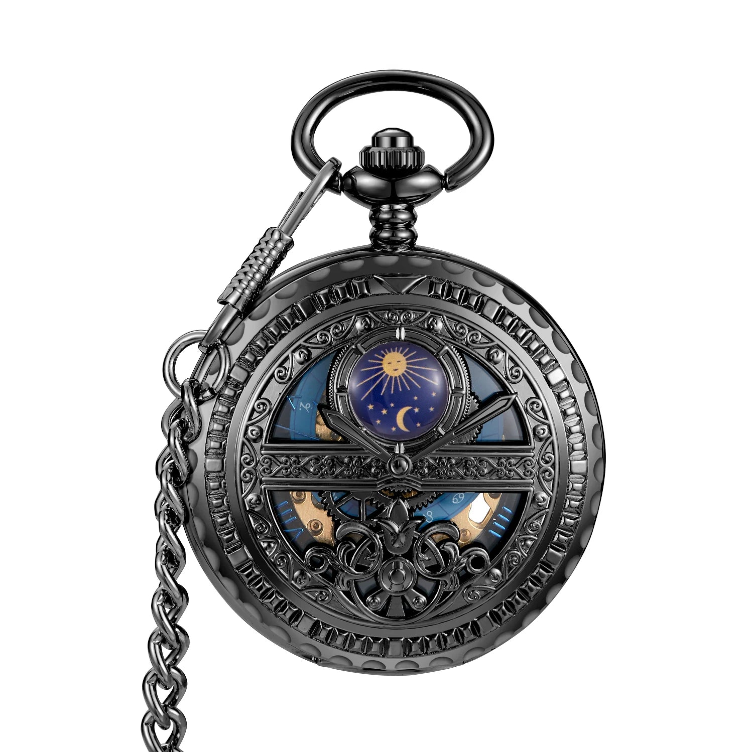 Relógio de bolso mecânico com corrente Fob, vintage, oco, azul, lua, estrela, steampunk, esqueleto, algarismos romanos, de mão, relógio