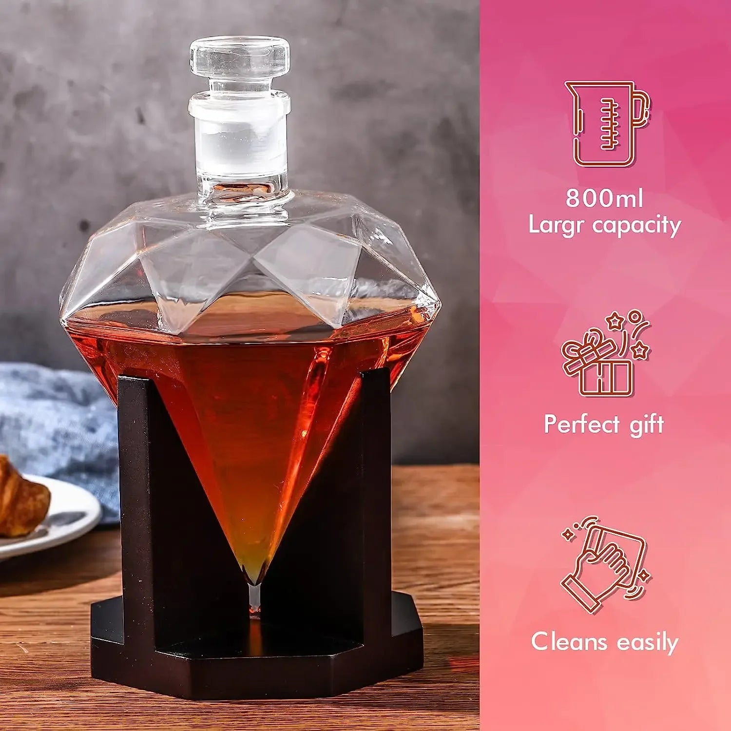 Decantador de Whisky em Vidro Diamante 1000ml com Suporte de Madeira