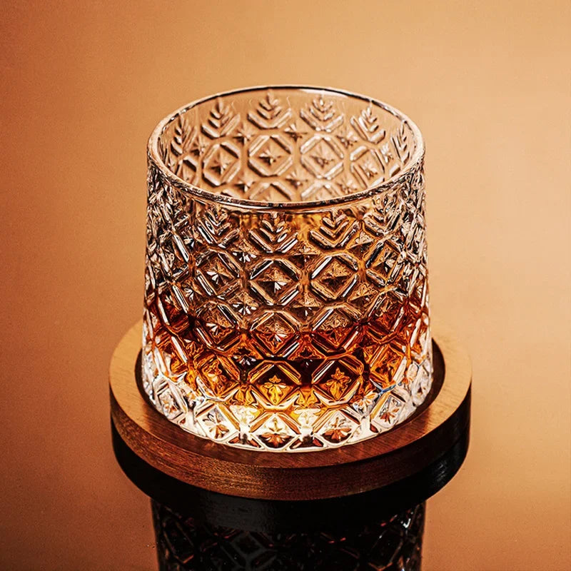 Copo de Whisky Giratório Retrô com Base de Bambu