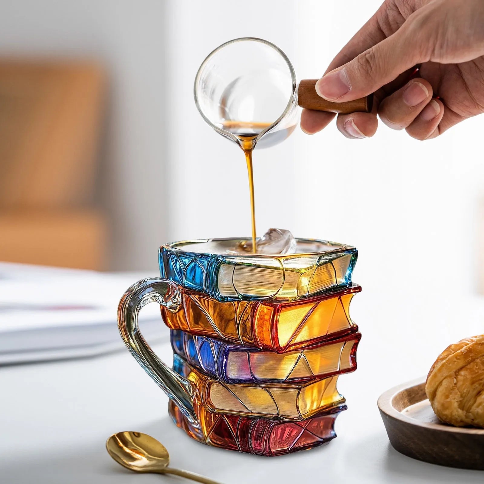 Caneca de Vidro Empilhável com Design de Livros 3D