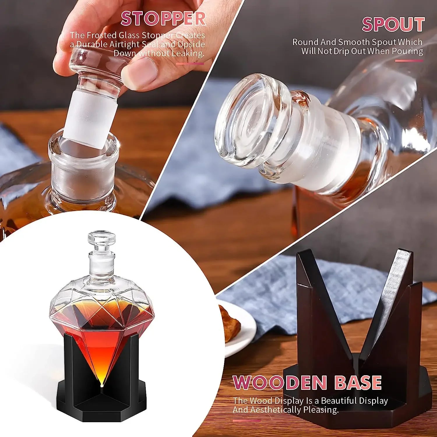 Decantador de Whisky em Vidro Diamante 1000ml com Suporte de Madeira