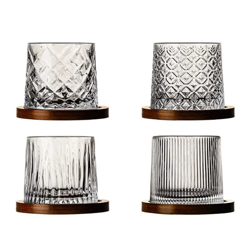 Copo de Whisky Giratório Retrô com Base de Bambu