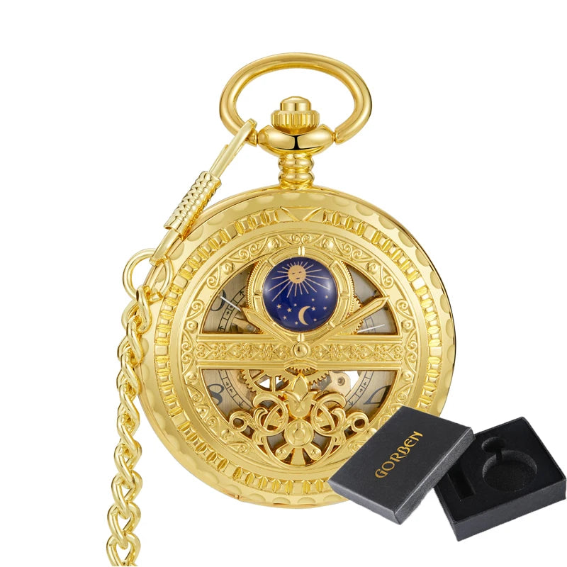 Relógio de bolso mecânico com corrente Fob, vintage, oco, azul, lua, estrela, steampunk, esqueleto, algarismos romanos, de mão, relógio