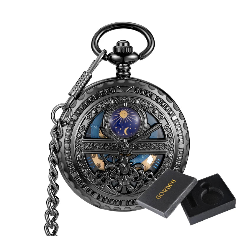 Relógio de bolso mecânico com corrente Fob, vintage, oco, azul, lua, estrela, steampunk, esqueleto, algarismos romanos, de mão, relógio