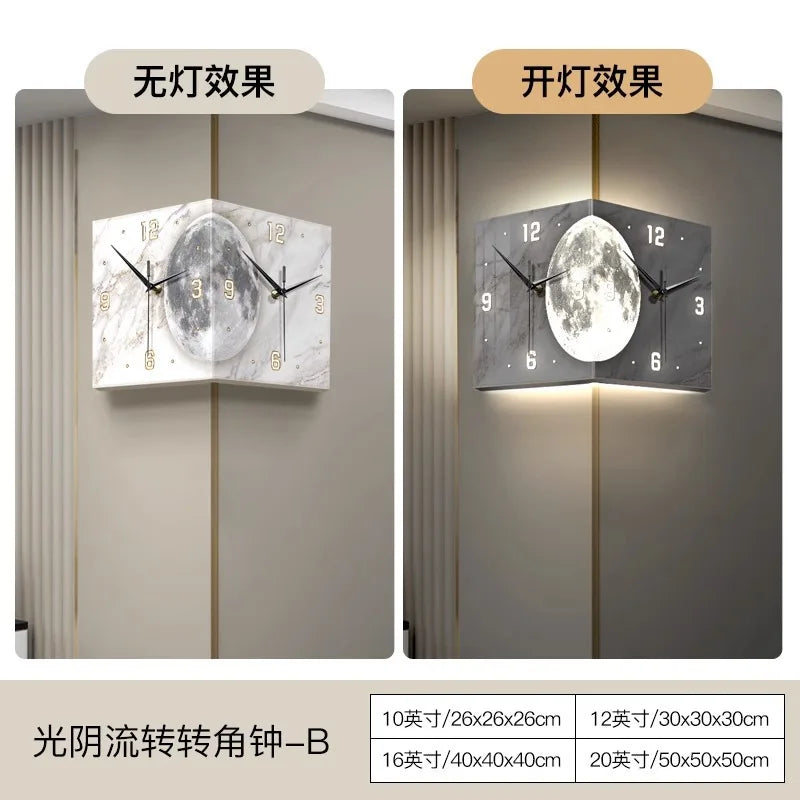 Criativo dupla face relógio de parede, lua relógio luminoso, luz de controle remoto, pintura decorativa, canto, novo, 2024