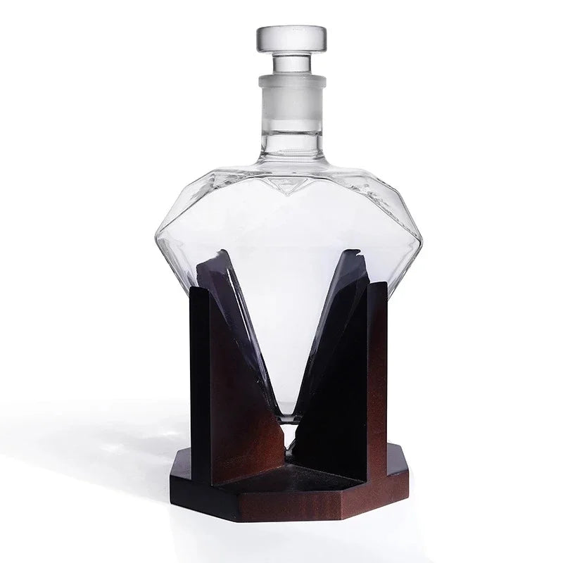 Decantador de Whisky em Vidro Diamante 1000ml com Suporte de Madeira