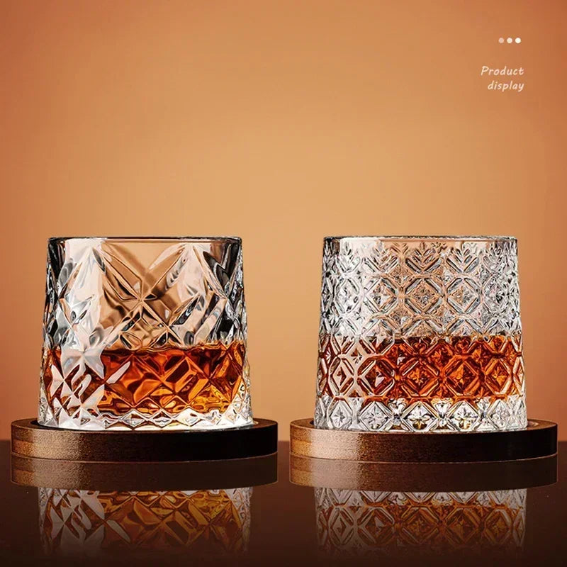 Copo de Whisky Giratório Retrô com Base de Bambu