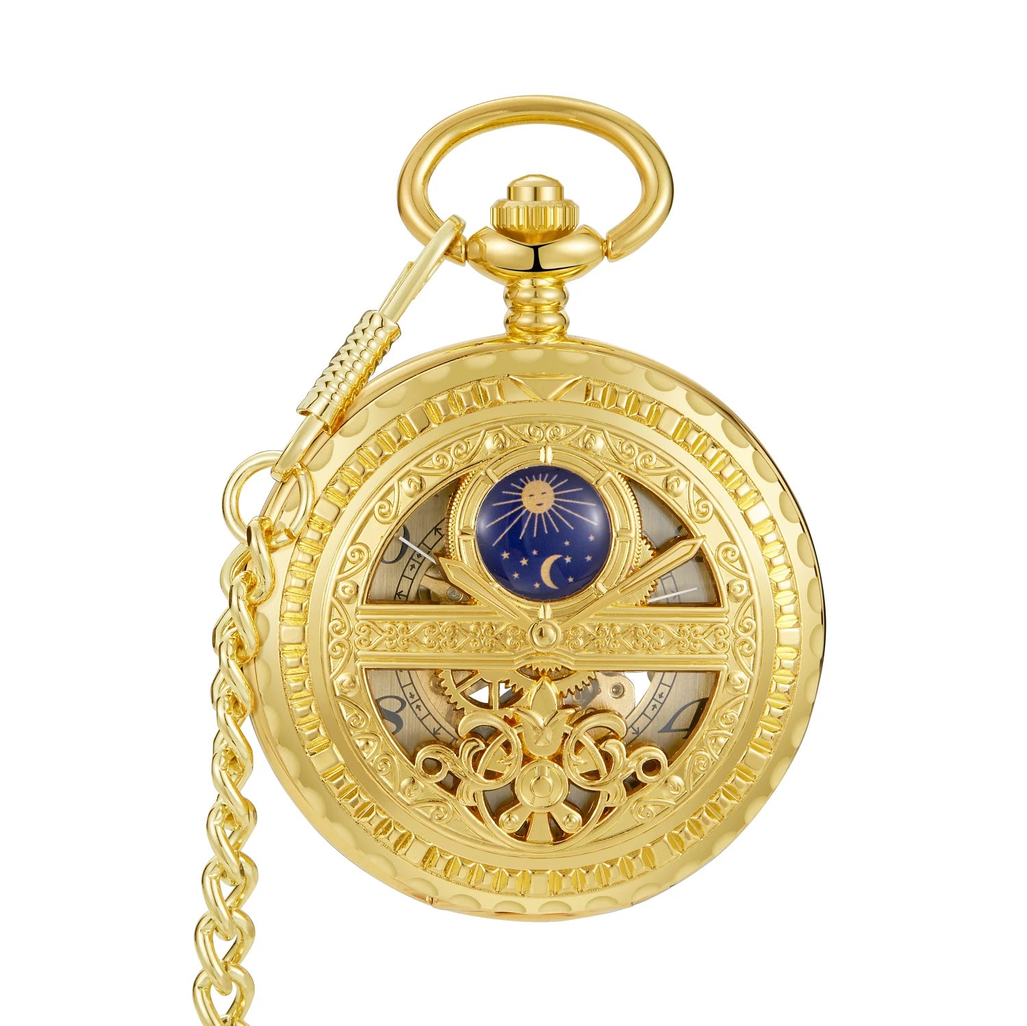Relógio de bolso mecânico com corrente Fob, vintage, oco, azul, lua, estrela, steampunk, esqueleto, algarismos romanos, de mão, relógio