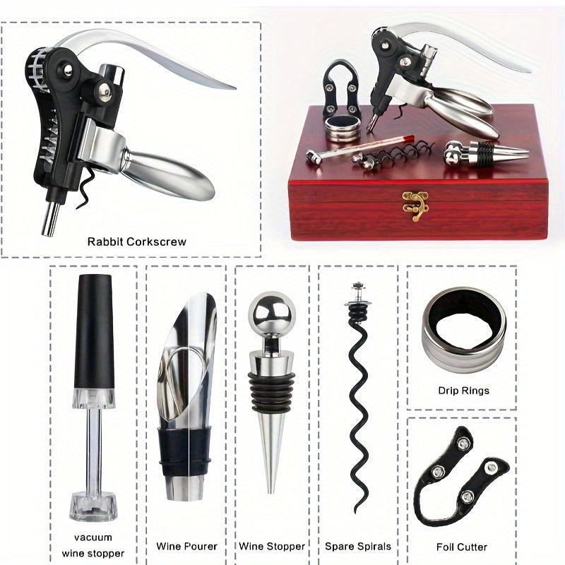 9-Piece Stainless Steel Wine Opener Set, Manual Corkscrew with Foil Cutter, Pourer, Vacuum Stopper, Ideal Gift for Wine Lovers, Kitchen Gadget