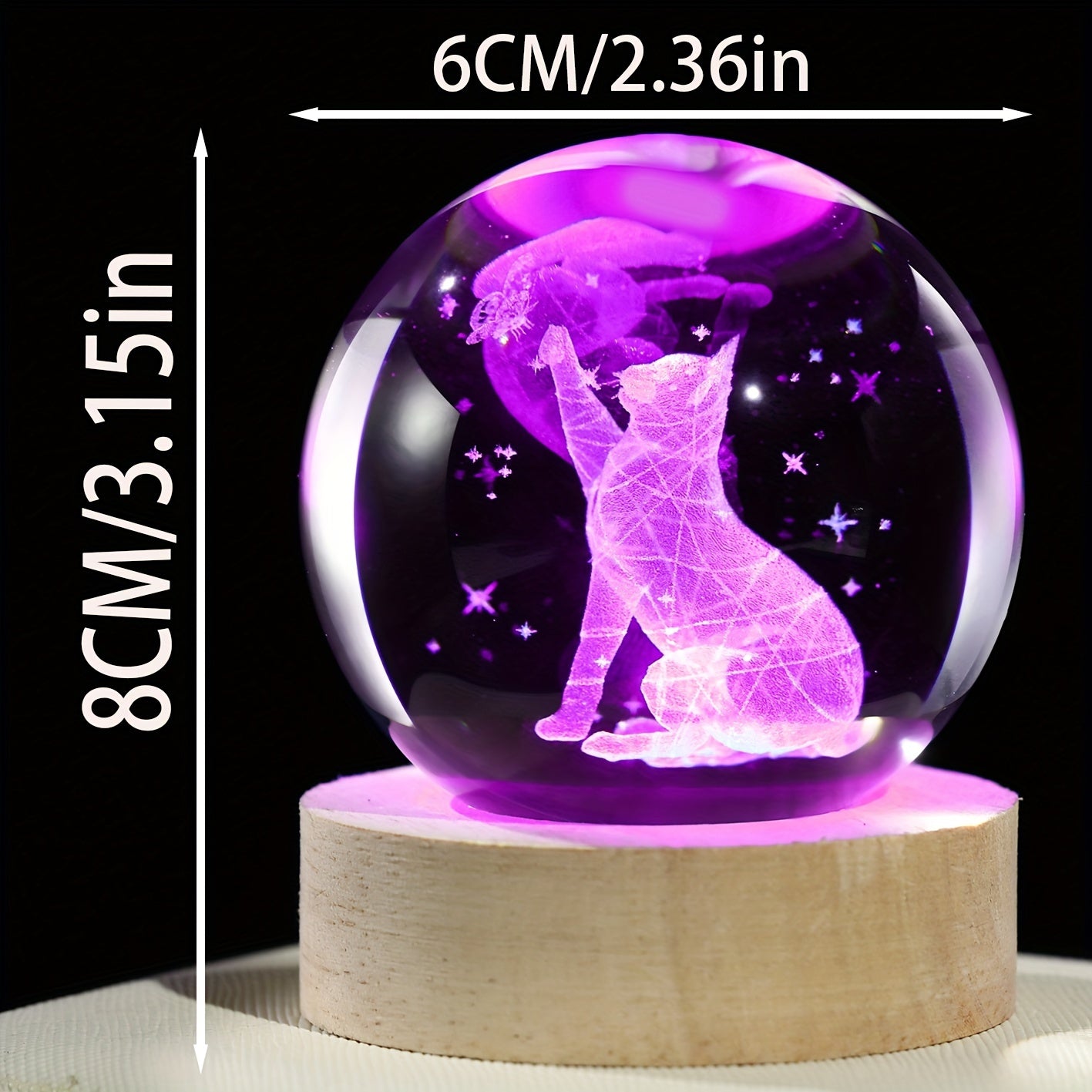 Luminária Cristal de Gato e Borboleta - Bola de Vidro com Luz