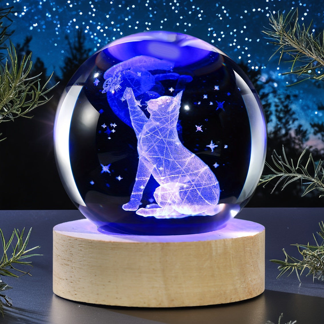 Luminária Cristal de Gato e Borboleta - Bola de Vidro com Luz