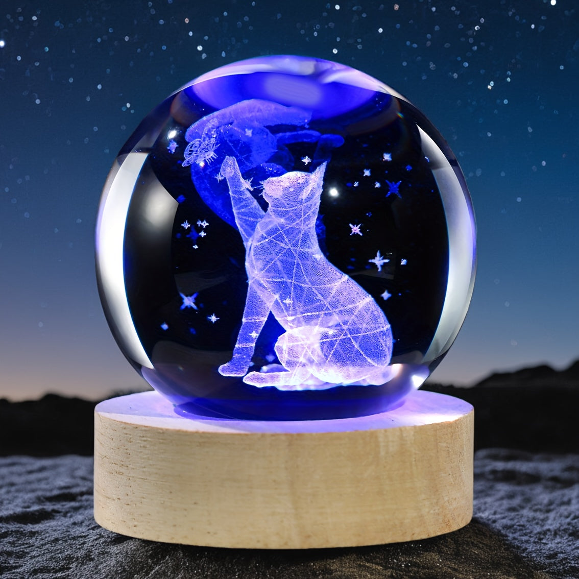 Luminária Cristal de Gato e Borboleta - Bola de Vidro com Luz