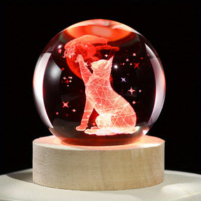 Luminária Cristal de Gato e Borboleta - Bola de Vidro com Luz
