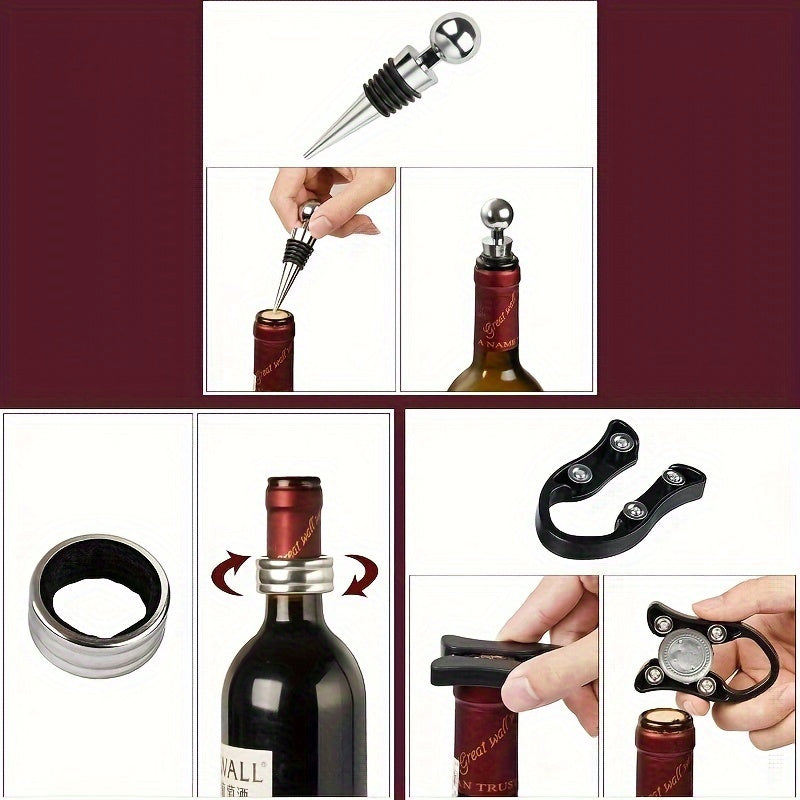 9-Piece Stainless Steel Wine Opener Set, Manual Corkscrew with Foil Cutter, Pourer, Vacuum Stopper, Ideal Gift for Wine Lovers, Kitchen Gadget