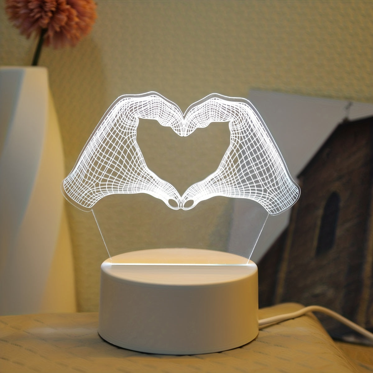 Luminária Noturna 3D Gesto de Amor - Luz LED Monocromática com Efeito Tridimensional