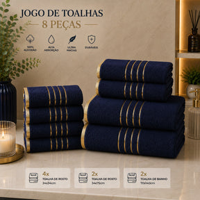Jogo de Toalhas Premium 8 Peças com Detalhes Dourados – Macias e Absorventes