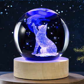Luminária Cristal de Gato e Borboleta - Bola de Vidro com Luz
