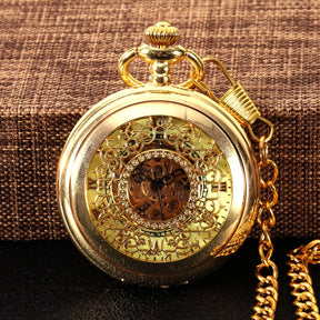 Relógio de bolso mecânico com escala branca esculpido dourado e cobre 8935