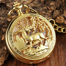 Relógio de bolso mecânico dourado oco para homens e mulheres, vintage, lado duplo, relógio Steampunk Fob, colar masculino, corrente