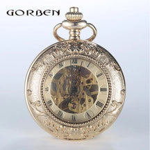 Luxo ouro steampunk bolso fob relógios de gravura corrente 2 lados aberto caso mão vento relógios de bolso mecânico