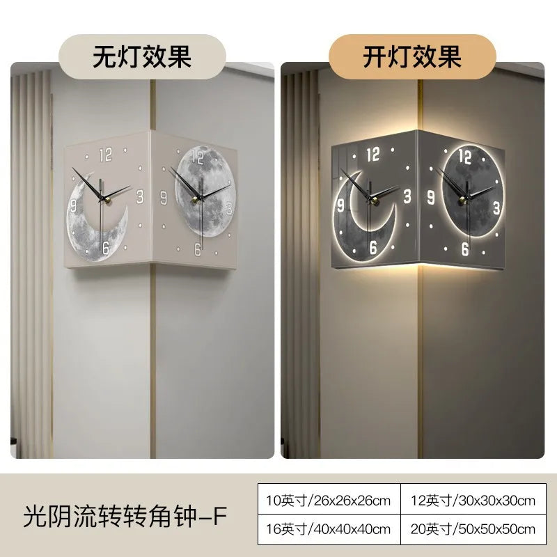 Criativo dupla face relógio de parede, lua relógio luminoso, luz de controle remoto, pintura decorativa, canto, novo, 2024