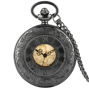 Preto numerais romanos relógio de bolso de quartzo preto feminino caso oco steampunk vintage pingente colar melhores presentes para homem