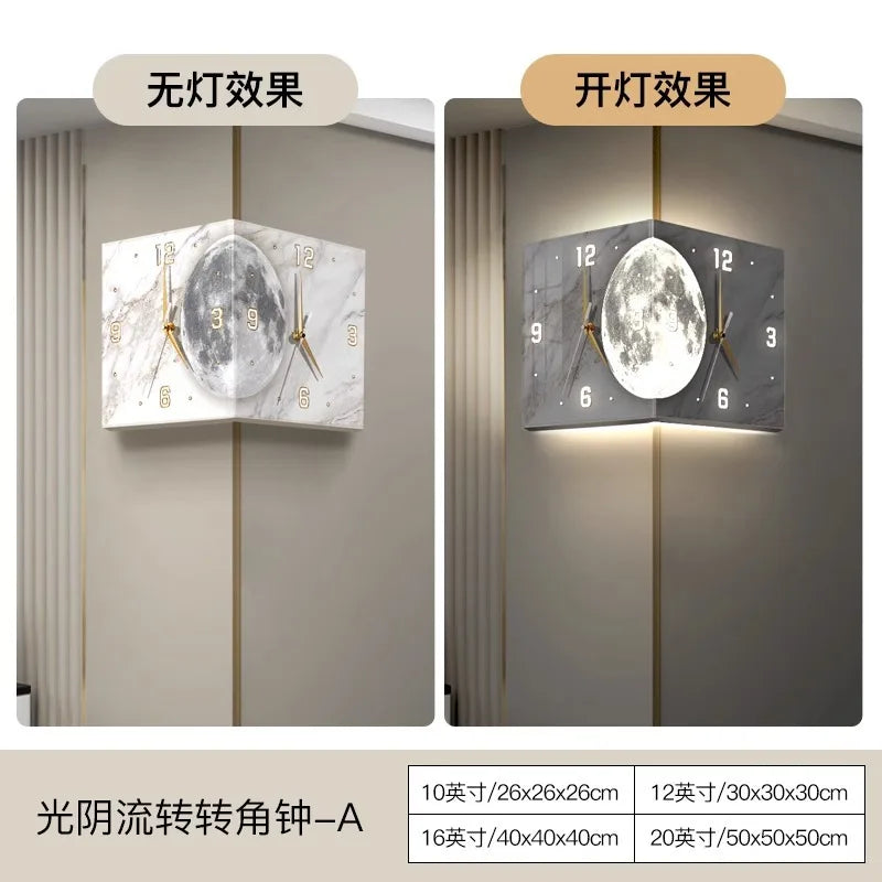 Criativo dupla face relógio de parede, lua relógio luminoso, luz de controle remoto, pintura decorativa, canto, novo, 2024