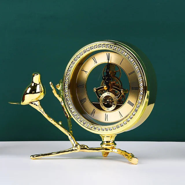 Relógio de mesa do vintage para decoração de casa ouro pássaro metal estilo antigo retro relógios de mesa decoração para casa natal presente aniversário