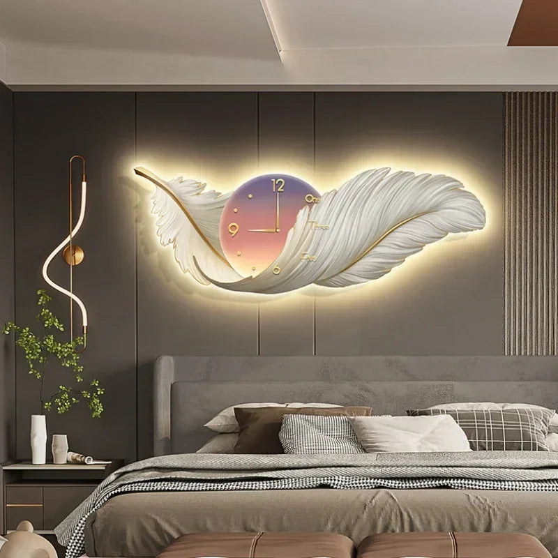 LED Feather Relógio de parede, Grande Arte Relógios, Sala Decoração, Pintura Relógio de parede, Silent Relógio, Decoração Home, Luz Luxo