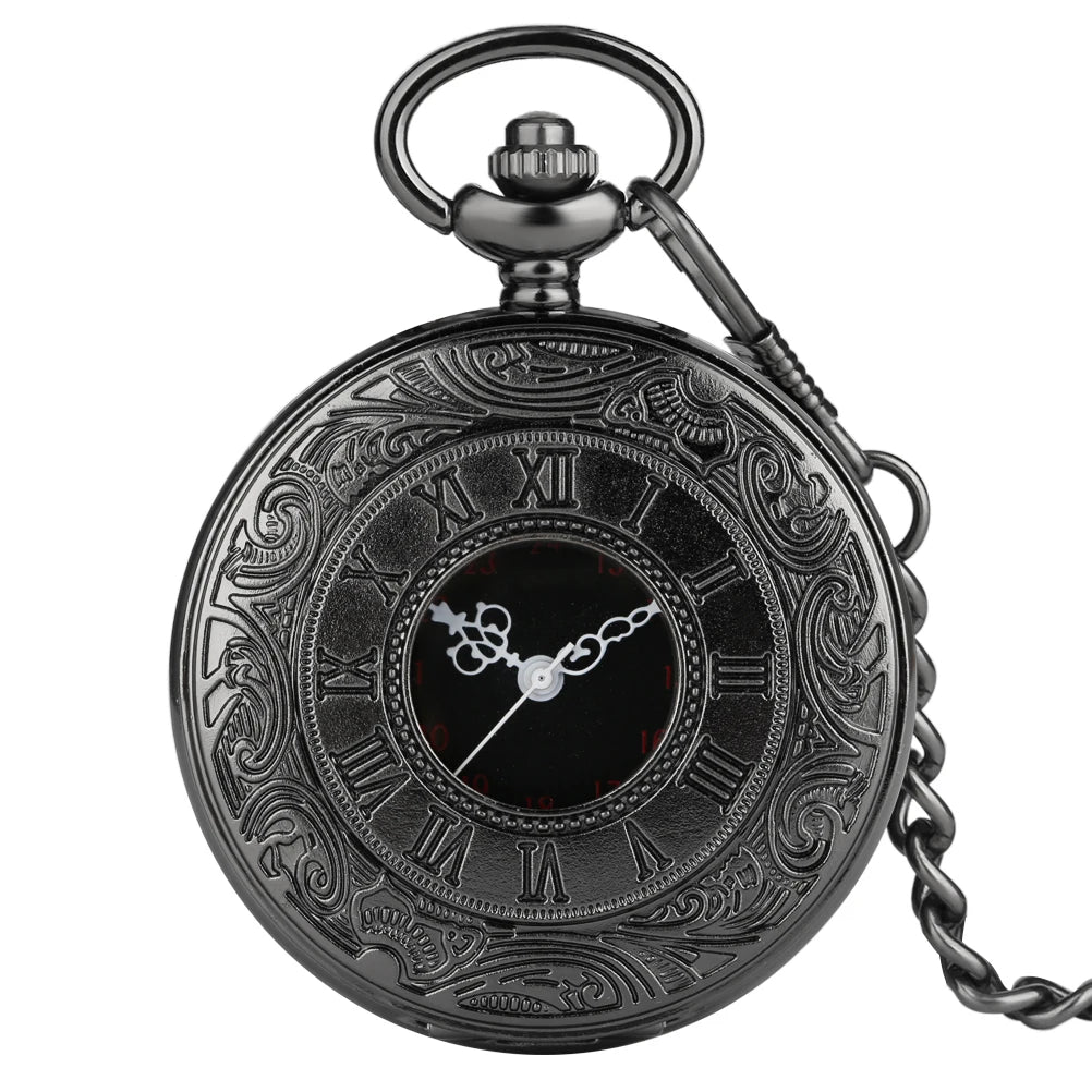 Preto numerais romanos relógio de bolso de quartzo preto feminino caso oco steampunk vintage pingente colar melhores presentes para homem