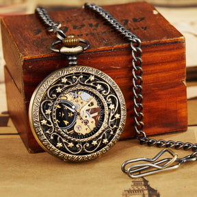 Vintage Steampunk Relógio De Bolso Mecânico Com Corrente Oco Mão-enrolamento Pingente Relógio Homens Mulheres Ouro Bronze Colar Relógio Presente