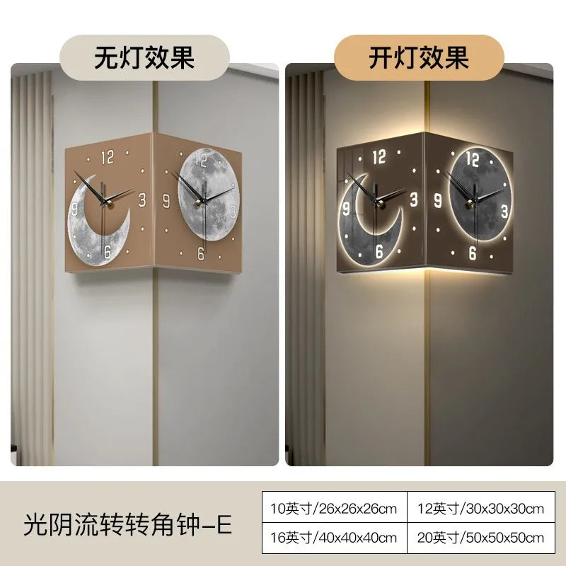 Criativo dupla face relógio de parede, lua relógio luminoso, luz de controle remoto, pintura decorativa, canto, novo, 2024