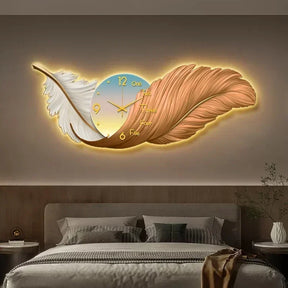 LED Feather Relógio de parede, Grande Arte Relógios, Sala Decoração, Pintura Relógio de parede, Silent Relógio, Decoração Home, Luz Luxo