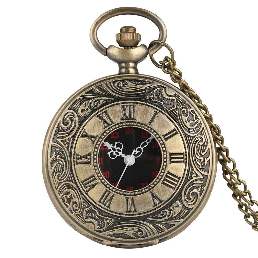 Preto numerais romanos relógio de bolso de quartzo preto feminino caso oco steampunk vintage pingente colar melhores presentes para homem