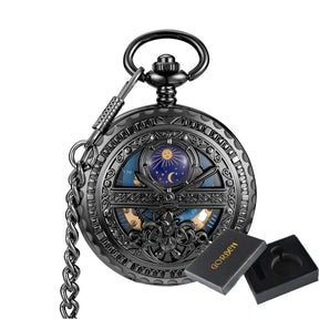 Relógio de bolso mecânico com corrente Fob, vintage, oco, azul, lua, estrela, steampunk, esqueleto, algarismos romanos, de mão, relógio