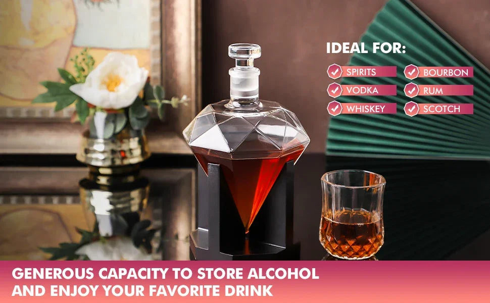 Decantador de Whisky em Vidro Diamante 1000ml com Suporte de Madeira