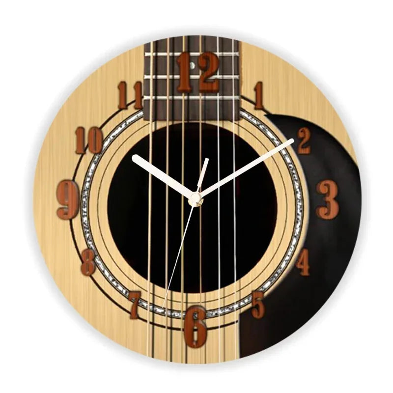 3D Natural Wood Look Acoustic Guitar Relógio de parede, Elegante Player Watch, Music Lover and Teacher Gift, Home Decor