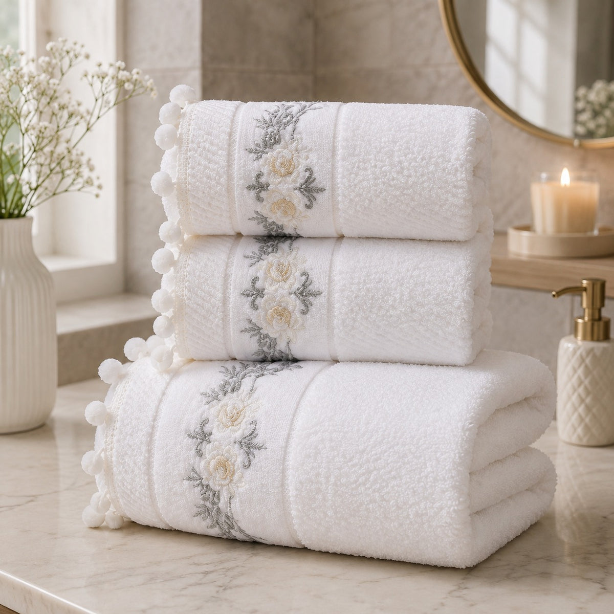 Kit de Toalhas Bordadas Floral com Pompons – Elegância e Conforto