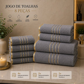 Jogo de Toalhas Premium 8 Peças com Detalhes Dourados – Macias e Absorventes