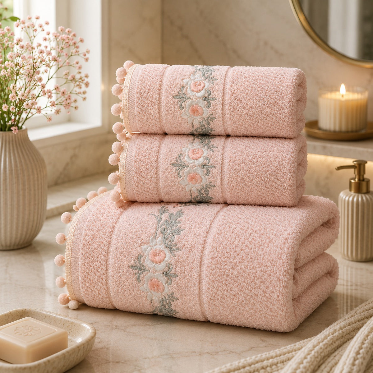 Kit de Toalhas Bordadas Floral com Pompons – Elegância e Conforto